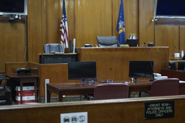 Judge Juan Merchan's courtroom is seen in New York, Tuesday, March 12, 2024. (AP Photo/Seth Wenig)